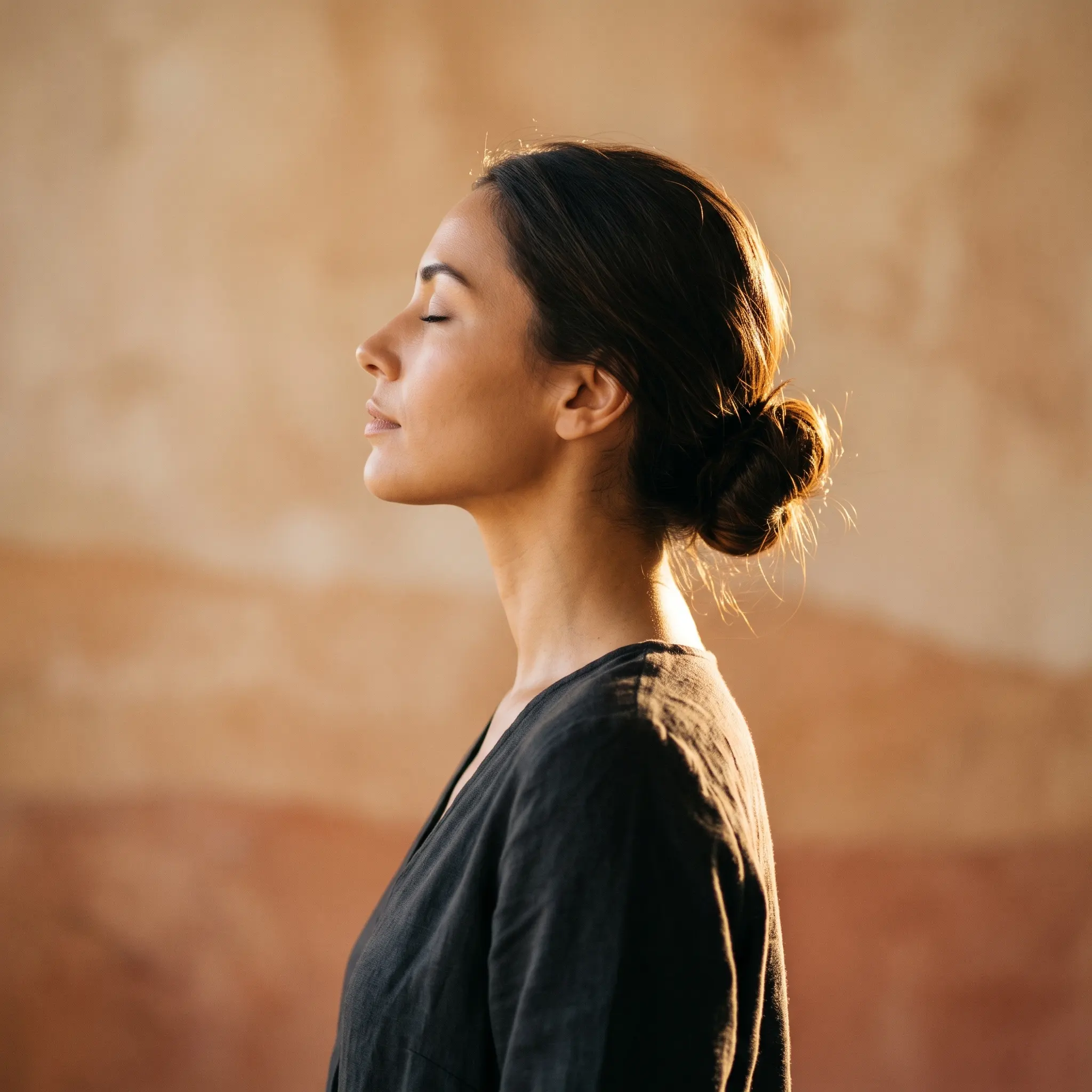 Femme sereine pratiquant des exercices de respiration pour la gestion du trac et la confiance en soi