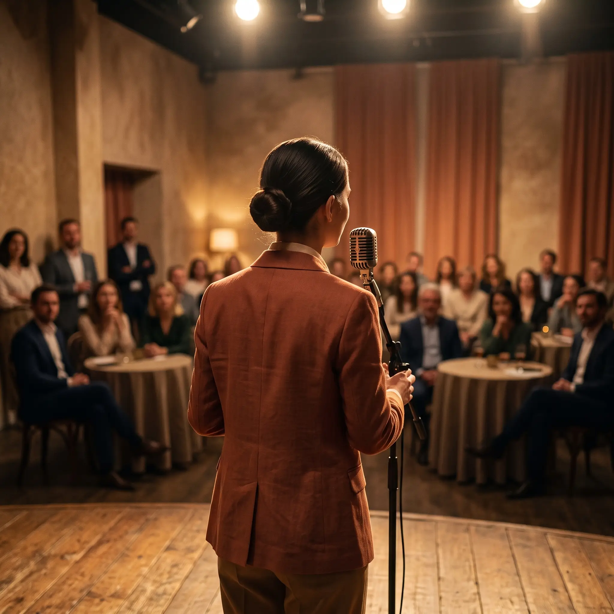 Chanteuse sur scène face à un public, travaillant son expression scénique et sa technique vocale